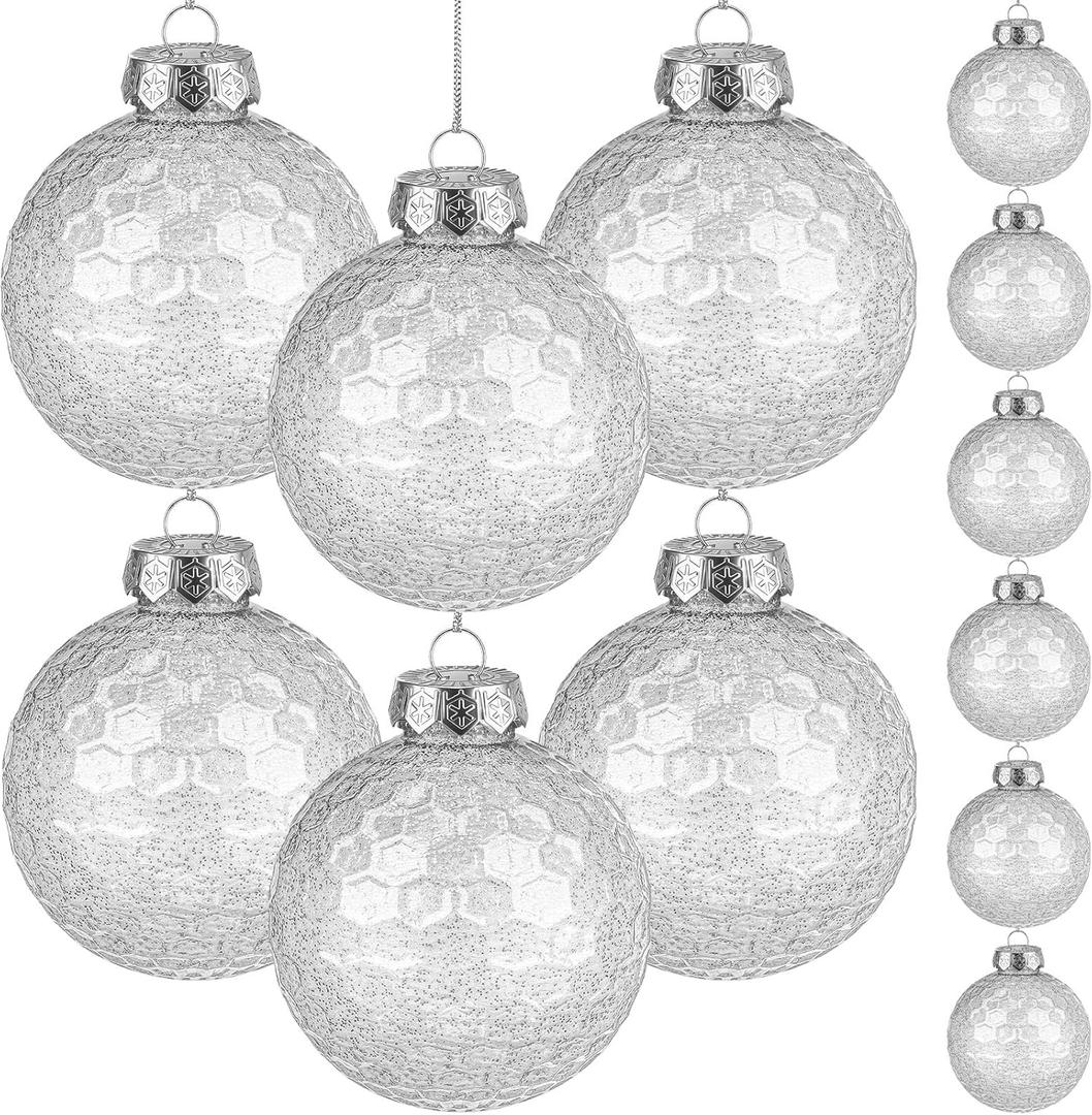 Wettarn 12 Pcs 3.15 Inch Glitter Christmas Balls Ornament Plastic Clear Ornaments for Christmas Tree Decorations with Hanging Ropes Transparent Xmas Disco Bulb Ball for Party(Clear)