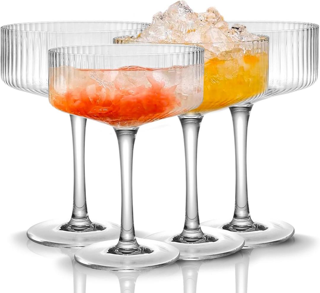 4 Pcs Ribbed Coupe Glasses, 10 oz Vintage Coupe Glass Set, Unique Martini Glass, Classic Cocktail Galssware, Bar Drinking Glasses Set Perfect for Cocktail, , Champagne & Gift