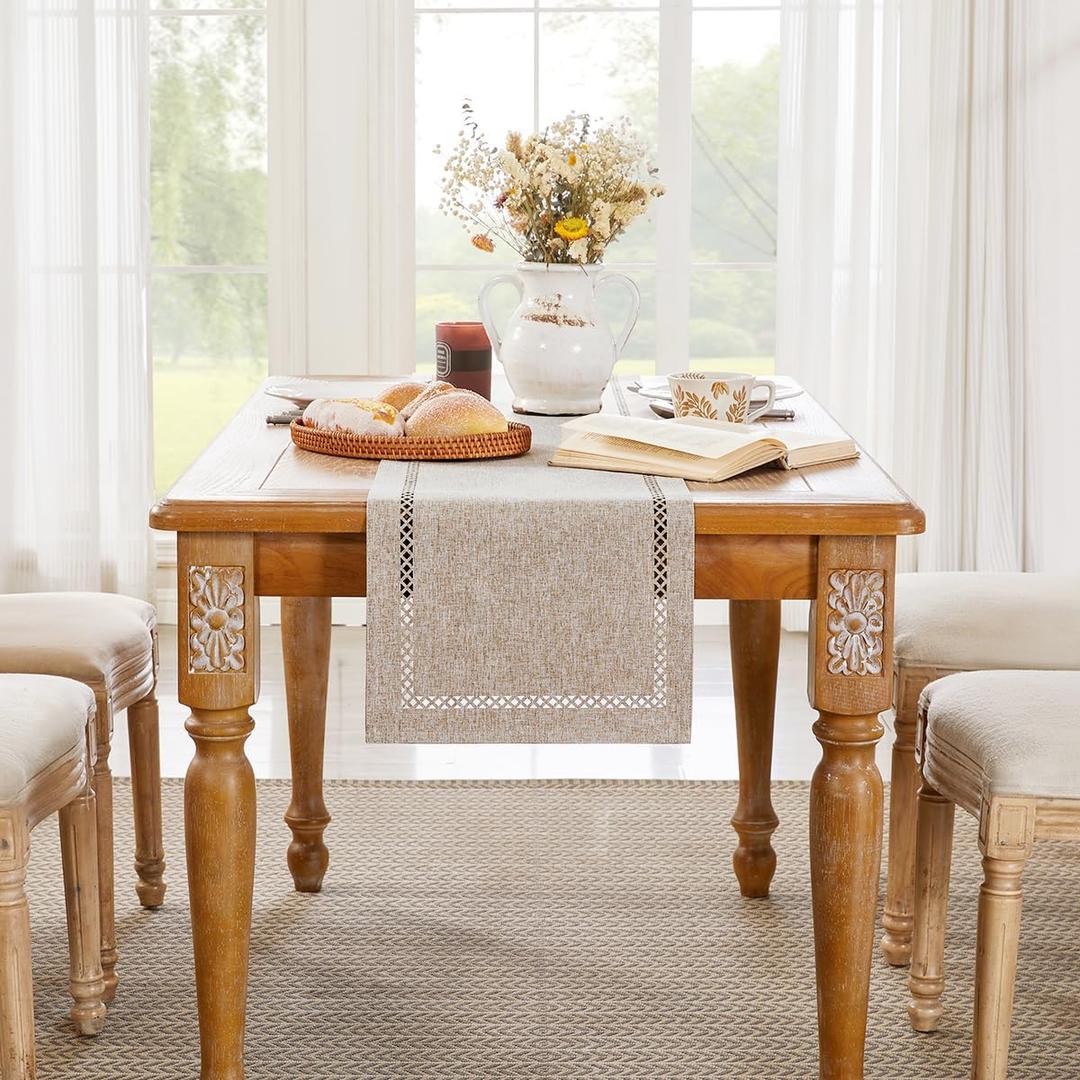 Burlap Style Farmhouse Table Runner, 13 x 90 Inch Off White, Rustic Geometric Hollow Table Runners 90 Inches Long for Dresser Table Everyday Use, 13x90 Inches, Off White