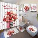 Nuanchu 6 Pcs Valentines Day Shower Curtain Set with Rug Bathroom Sets with Shower Curtain Bath Mat U Shaped Mat Toilet Lid Cover 2 Bath Towels and 12 Hooks Valentines Day Rose Heart Bathroom Decor
