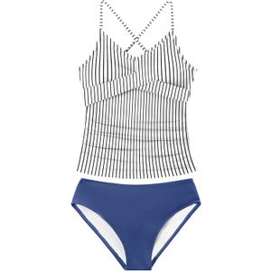 Girls Swimsuit Tankini Criss Cross Ruched 2 Piece Bathing Suit Printed Girl Swimwear for Teens 9-16Y (11-12 Years, White Stripes)