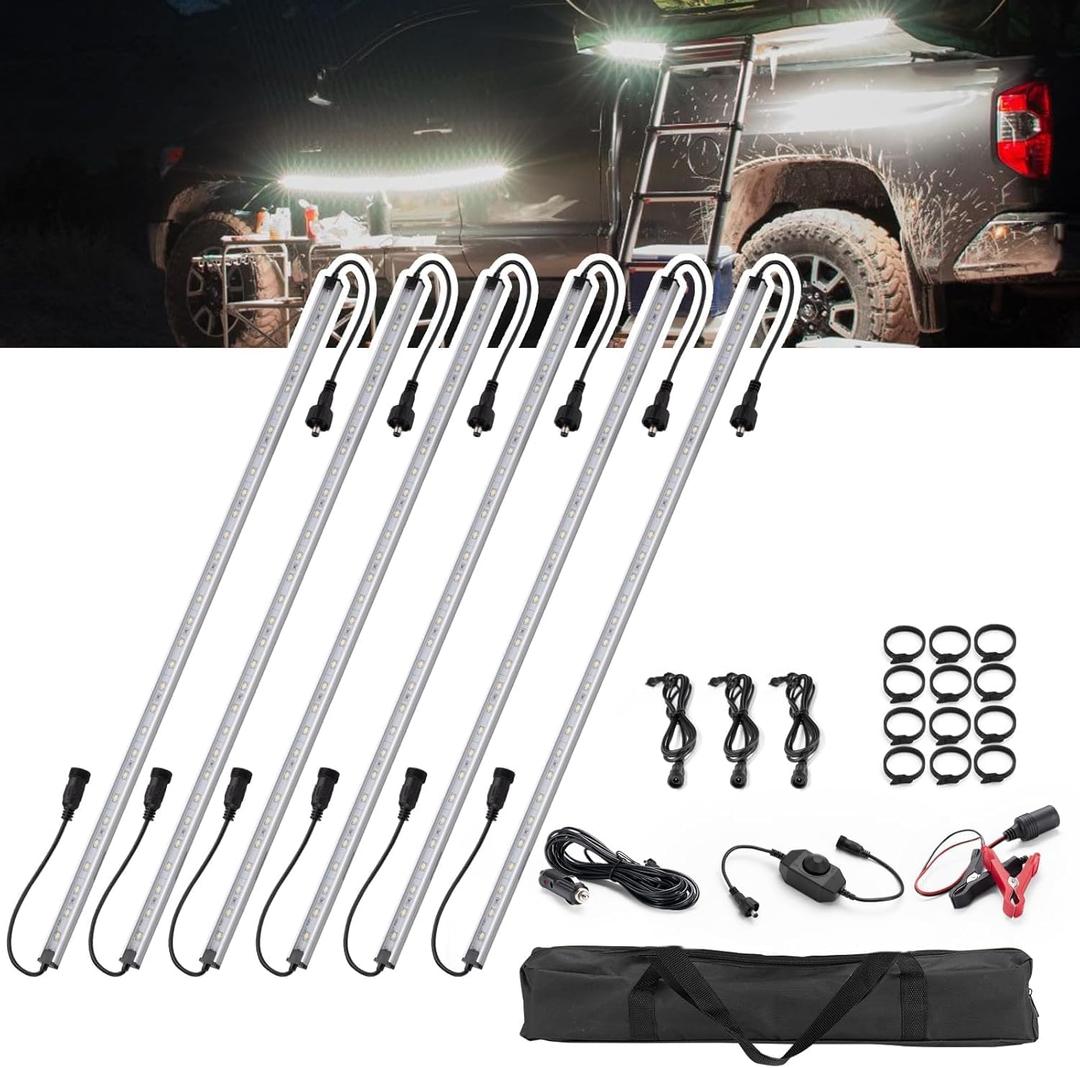 FIERYRED 12V Interior Light Bar Kit, Dimmable Camping Lights, Weatherproof IP67, Aluminum Magnetic Mount with Dimmer Switch, Portable Lights for Camping Tent Awning RV Car Trailer Boat (6 Pcs, White)