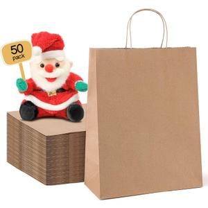 METRONIC Brown Paper Bags 10x5x13 50Pcs,Kraft Gift Bags Medium Size with Handles, Craft Paper Wrap Bag Bulk for Shopping Birthday Party Favors Grocery Retail Goody Business