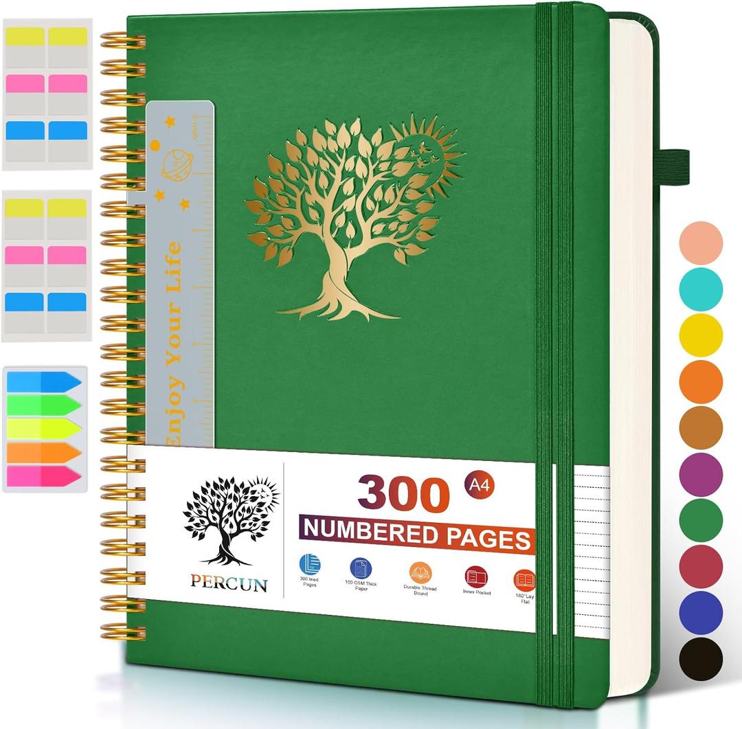 Large Spiral Notebook Journal for Women Men - 300 Numbered Lined Pages, College Ruled, A4 Hardcover Spiral Bound Notebook for School, Work, Note Taking, Writing, Leather Spiral Journal 8.5"x11" (Green)