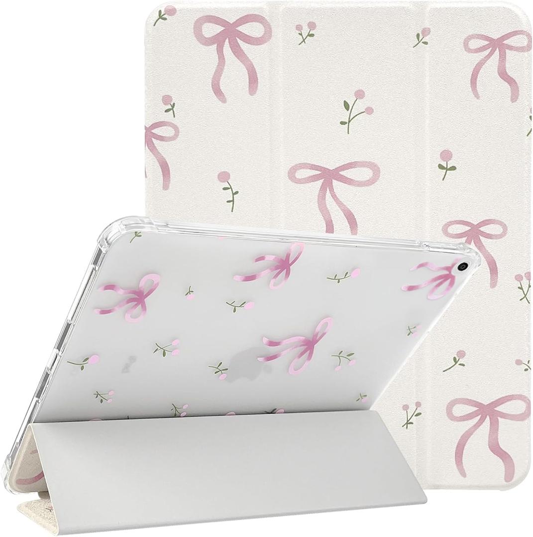 Lovmooful Compatible for iPad 5/6 (9.7-Inch,2018/2017 Model,6th/5th Generation) Case with Pencil Holder Cute Bowknot Ribbon Bow with Flower Floral Design Soft TPU Trifold Stand Protective-White&Pink