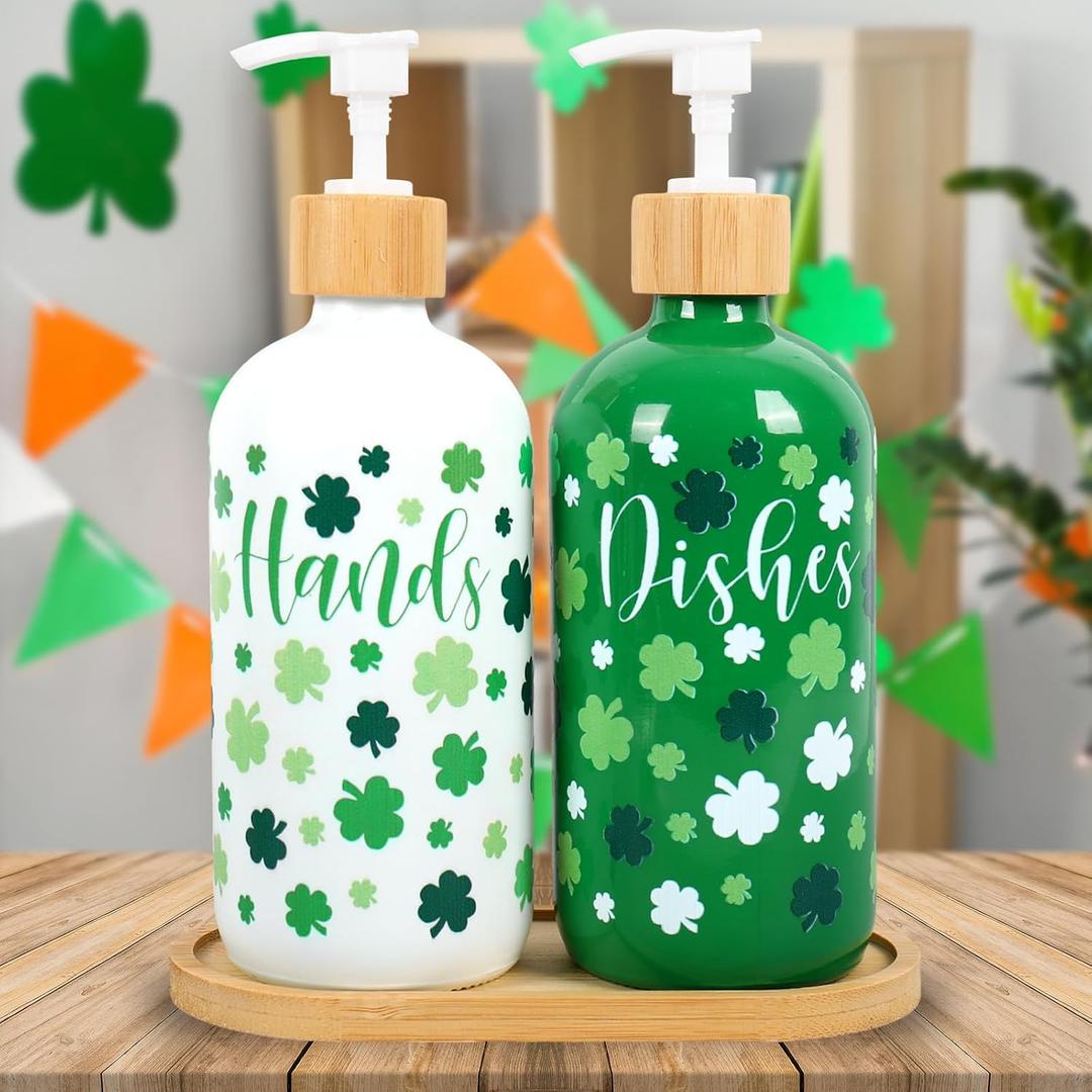 FYSUIMU 2 Pcs St. Patrick's Day Soap Dispenser Glass Soap Dispenser with Pump Green White Shamrock Clover Refillable Liquid Container for Hands Dishes Party Home Kitchen Bathroom Decor