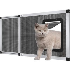 Adjustable Ventilated Pet Door for Window 36"-46" Wide, Silver Aluminum Frame + Stainless Steel Mesh | Breathable Bug-Proof | 4-Way Lock Magnetic Closure Cat Window Door,Cat Door for Window Insert (Door Open7.5"w8.9"h)