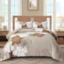 Menghomeus Brown Comforter Set California King Taupe Floral Comforter Cal King Botanical Bedding Sets Soft Microfiber Bed Set for All Season, 3 Pieces (1 Comforter, 2 Pillowcases)