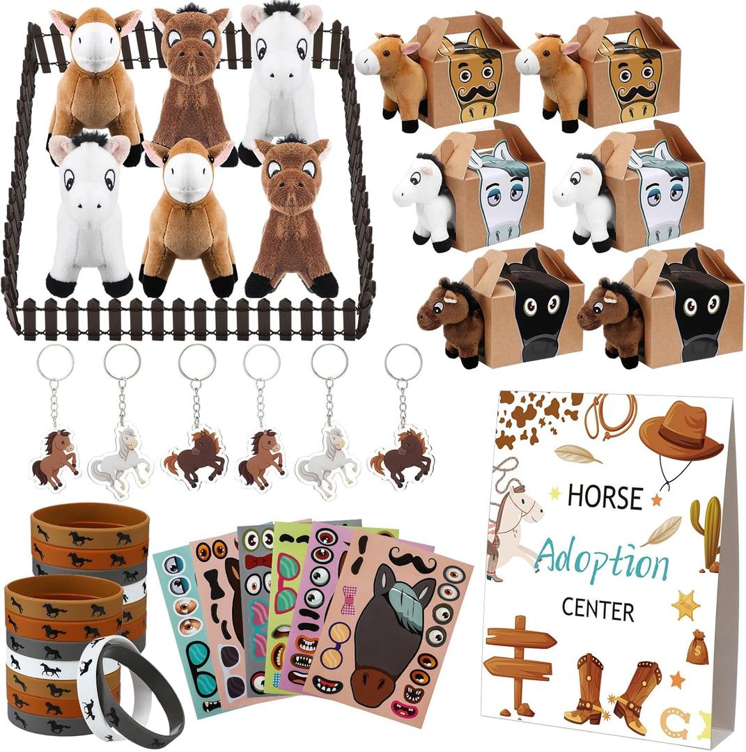 44 Pcs Adopt a Horse Party Favors Include Stuffed Farm Animals Foldable Boxes Adoption Card Fence Silicone Bracelet Keychain Sticker for Pony Themed Party Favor Supplies Decoration