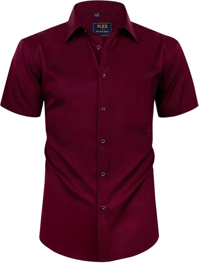 Alimens & Gentle Mens Short Sleeve Dress Shirts Wrinkle Free Solid Casual Button Down Shirts with Pocket (X-Large Tall, A-wine Red)