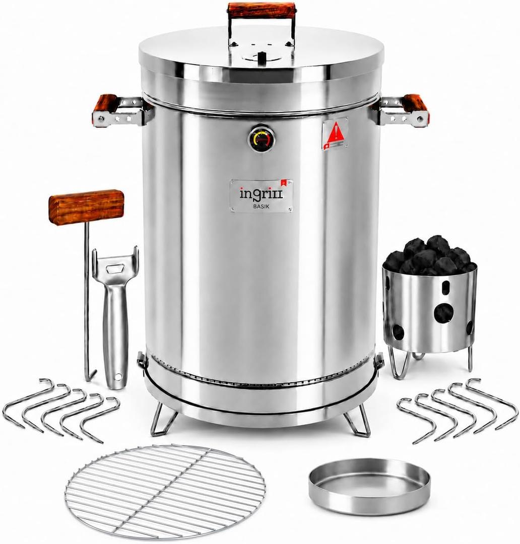 3-in-1 Stainless Steel Smoker Barrel Grill – Portable Charcoal BBQ with Thermometer, 40 lbs Outdoor Cooking Smoker for Camping, Backyard & Home BBQ INGRILL