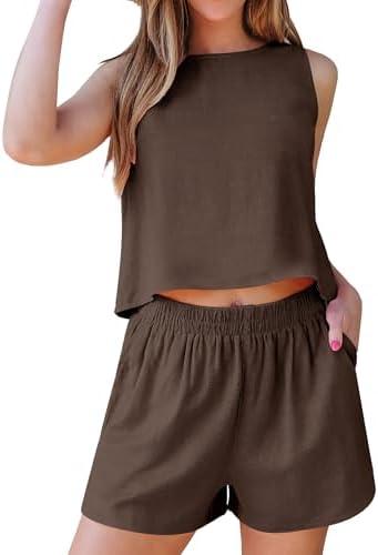 luvamia Linen Short Sets for Women Two Piece Matching Casual Sleeveless Tank Top and High Waisted Shorts Summer Outfits, M
