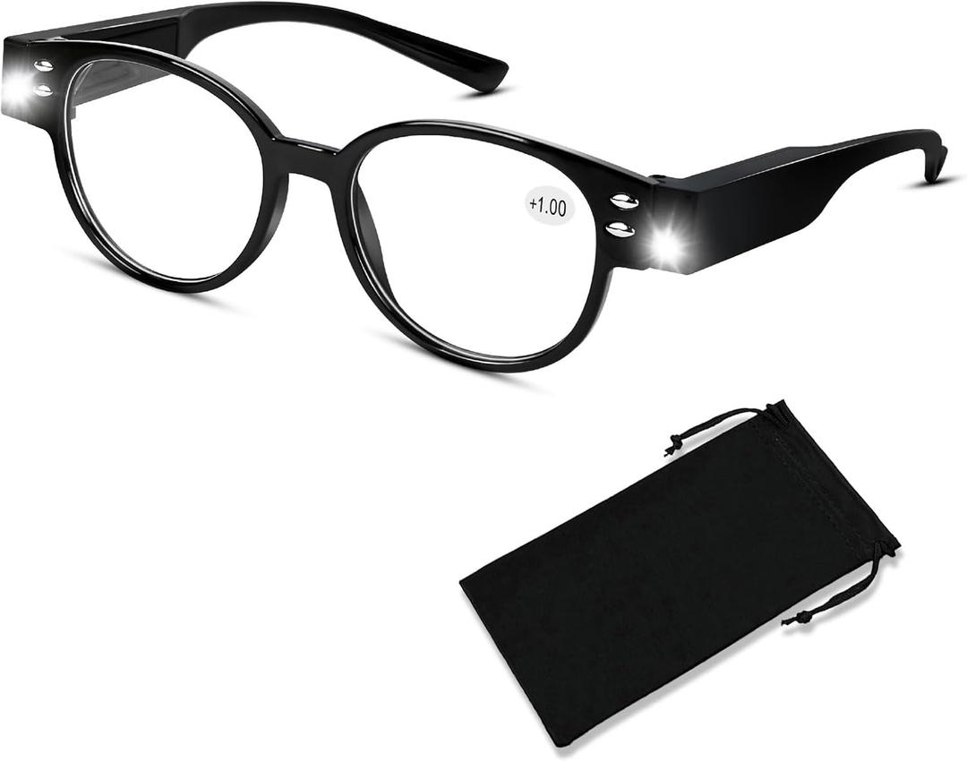 Reading Glasses with Lights Bright LED Readers Magnifying Glasses with Lights Reading Glasses with LED Light Blue Light Blocking Glasses Lighted Magnifier Nighttime Reader Lighted Eye Glasses(+100)