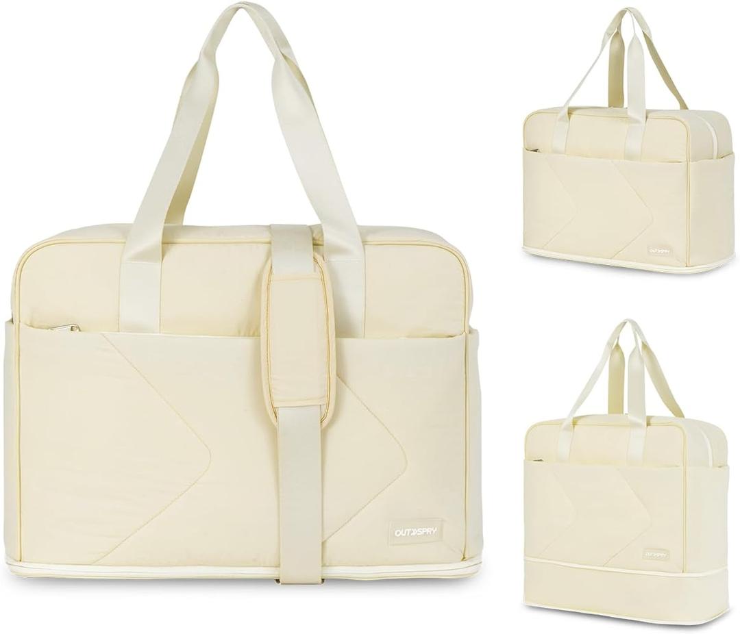 OutSpry Weekender Bag for Women, Carry On Travel Duffel Bag with Laptop Sleeve, Expandable Large Overnight Bag Trolley Sleeve for Gym Dance Sport Workout, Beige