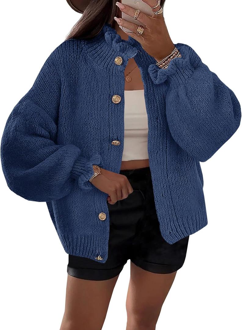 Saodimallsu Womens Ruffle Cardigan Oversized Button Up Fall Trendy Ribbed Knit Open Front Long Sleeve Loose Cute Sweater (Large, Navy)