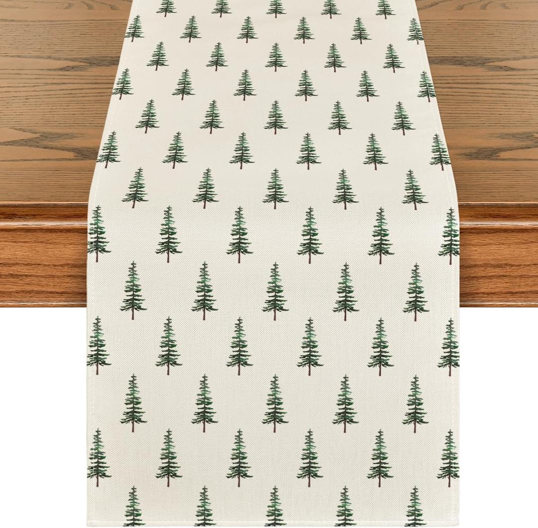 Artoid Mode Beige Xmas Tree Christmas Table Runner, Seasonal Winter Kitchen Dining Table Decoration for Home Party Decor 13x90 Inch