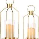 NUPTIO Gold Lanterns Decorative Indoor: 2 Set of Hanging Metal Candle Lantern with Bottomless Hurricane Glass for Wedding Home Front Porch Outdoor Living Room Fireplace Christmas Table Centerpiece