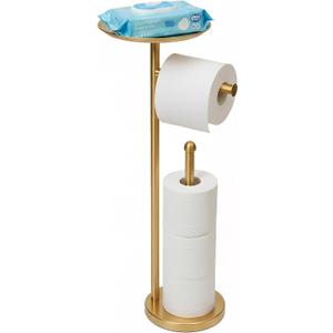 Freestanding Toilet Paper Holder with Shelf, Gold Toilet Paper Stand with Storage Tray and Space for 4 Extra Rolls