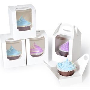 Cupcake Boxes 100 Pcs, Individual Cupcake Carrier White with Window Insert and Handle Pastry Containers Single Muffins Container for Bakery Wrapping Party Favor Packing