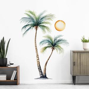 Tanlaby Large Palm Tree Wall Stickers Tropical Plants Wall Decals Watercolor Coconut Tree Sunset Summer Beach Art Decor for Living Room Bedroom Hallway Office