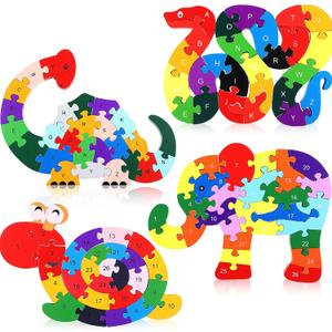 4 Pcs Alphabet Jigsaw Puzzle Wooden Snake Elephant Dinosaur Snail Blocks Toys ABC Alphabet Animal Puzzle for Preschool Learning
