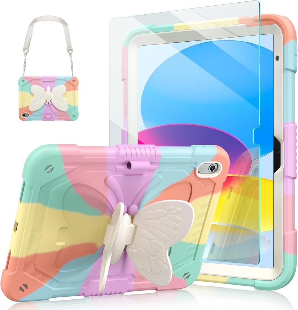 Ambison Case for iPad (A16) 11th/10th Generation (2025/2022) 11''/10.9'' for Kids Girls with 9H Tempered Glass Screen Protector, Heavy Duty Protective with Butterfly Stand, Carrying Strap-Multicolor