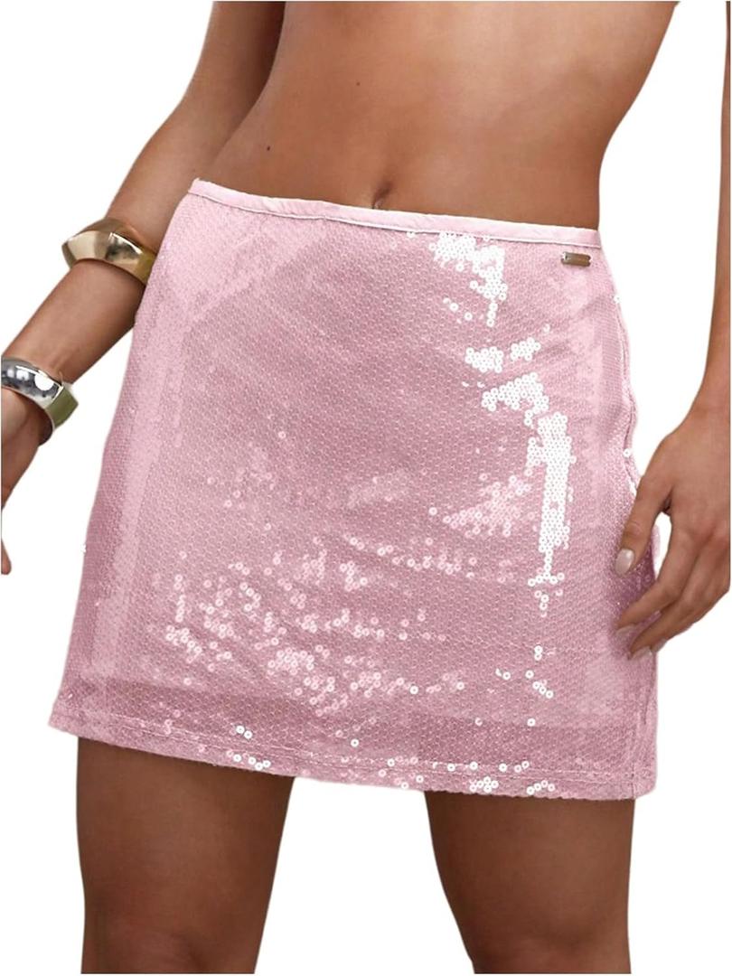 Floerns Women's Contrast Sequin Short Skirt Mid Waist Party Bodycon Mini Skirt (Pink)