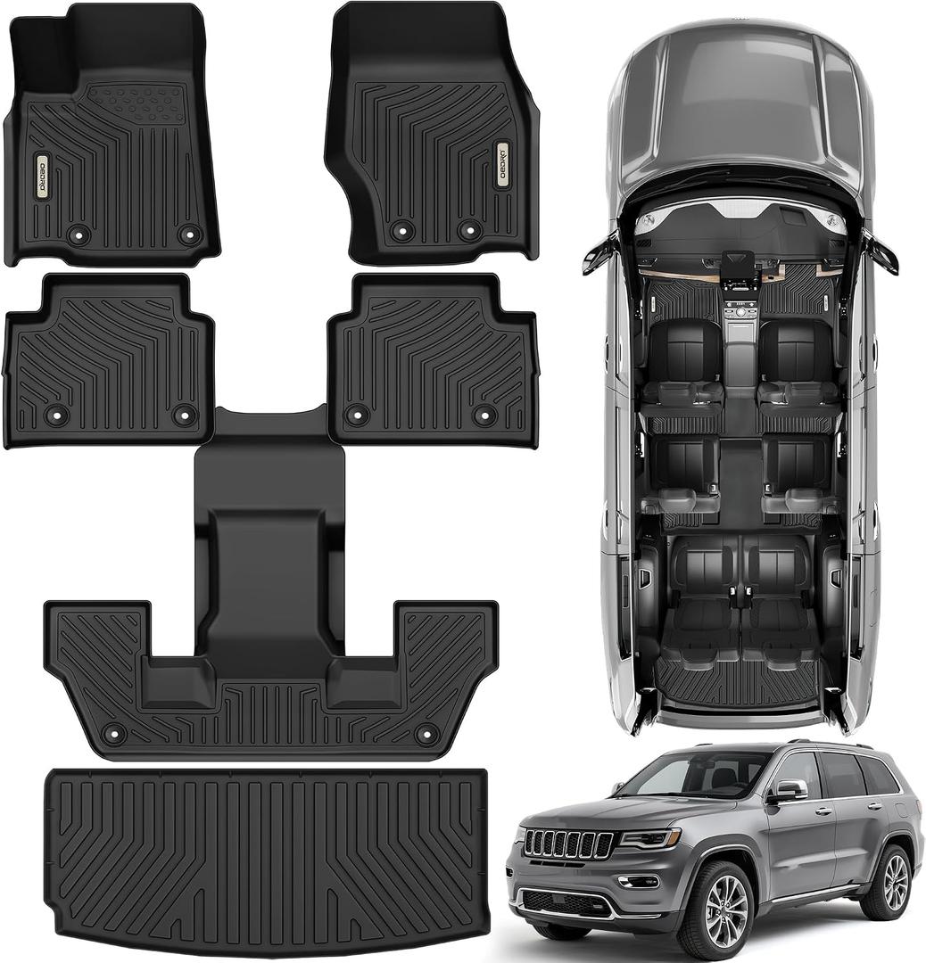 OEDRO Floor Mats & Cargo Liner Fit for Jeep Grand Cherokee L 2025-2021 (ONLY for 6 Seat), TPE All Weather Custom Fit 3 Row Floor Liners and Trunk Liner, Black (Without Center Console)