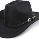 Western Cowboy Hat for Men Women Classic Roll Up Fedora Hat with Buckle Belt(Size:S-M)