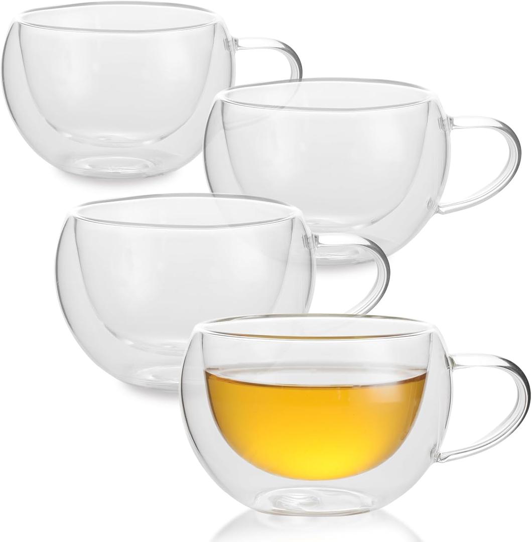 Double Wall Insulated Glass Tea Cups Set of 4, Clear Borosilicate Glass Espresso Shot Cups for Espresso Machine, Teacups Coffee Mugs with Handle for Cappuccino Latte, 7OZ/200ML (Clear)