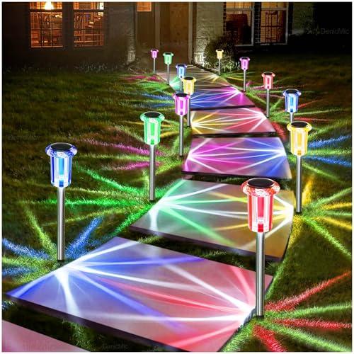 DenicMic Solar Lights Outdoor 10 Pack Waterproof Color LED Stainless Steel Stake Outside Lights for Yard Pathway Garden Driveway Walkway Landscape Path Lighting Christmas Decorations