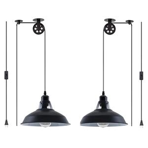 Plug in Pendant Light Industrial Pulley Pendant Lamp E26 Vintage Hanging Light Fixture With 16.4ft Cord On/Off Switch For Pool Table,Houseplant Grow lights,Kitchen Island,Sink 2 Pack Black