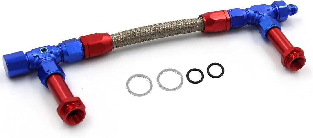 4150 Carburetor Fuel Line Kit 8AN Dual Feed to 7/8" Braided Dual Inlet for Holley Red+Blue (Without Gauge)