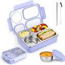Stainless Steel Bento Lunch Box for kids/Adults with 4 Compartments, 8oz Soup Bowl, Leakproof 3-Seal Lid & Metal Spoon, BPA-Free, Dishwasher Safe  36oz Purple