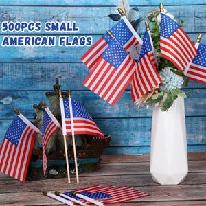 9 Pcs Small American Flags on Stick 4 x 6 Inch Mini American Handheld USA Flags Polyester 4th of July Decorations with Safety Golden Spear Tops for Memorial Day Independence Day Decorations