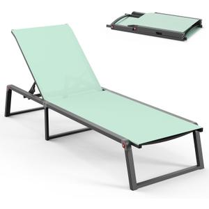 Aluminum Chaise Lounge Chair Outdoor, Foldable& No Assembly Patio Pool Lounge Chairs 5-Position Recliner for Outside, Fully Grounded Legs Sun Lounger for Poolside, Light Green