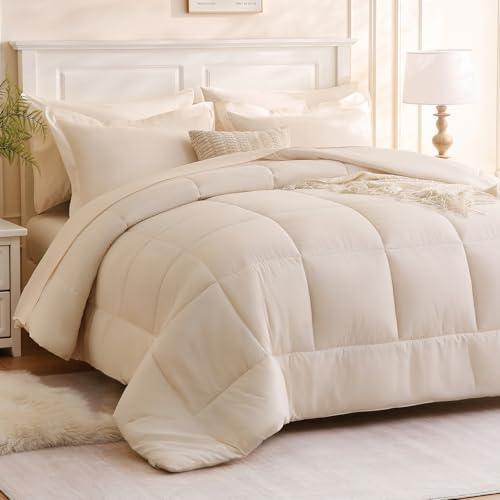 FreshCulture Full Comforter Set - 7 Pieces All Season Luxury Bed in a Bag Full Size - Bedding Set with Comforter, Sheets, Pillowcases & Shams - Ultra Soft Cream Comforter Set Full
