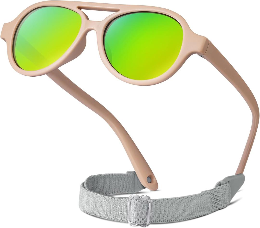 RIVBOS Baby Wrap Polarized UV400 Sunglasses - Soft Frame with Secure Strap for Infant and Newborn (0-24 Months) RBK068 (Peach Pink&rainbow Gold Lens)