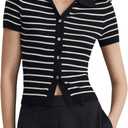 Verdusa Women's Old Money Striped Knit Tops Button Down Short Sleeve Sweaters Collared Tee Tops (Medium, Black and White)