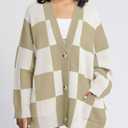Saodimallsu Womens Checkered Sweater Color Block Plaid Oversized Cardigan Long Sleeve V Neck Button Down Knit Coats (Large, Khaki)