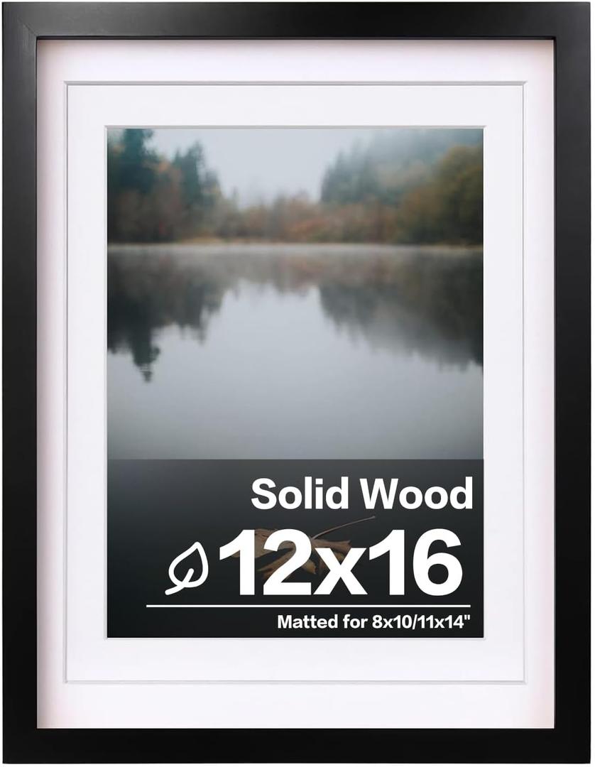 Egofine 12x16 Picture Frame Black Covered by Plexiglass Made of Solid Wood, Display Pictures 9x12 and 11x14 with Mat or 12x16 Without Mat for Wall Mounting