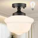 Bagood 10" Black Schoolhouse Light Fixtures Schoolhouse Light Fixtures Ceiling Mid Century Lights Fixture Milk Glass Lights Fixture Semi Flush Mount Ceiling Fixture for Bathroom Kitchen (Bulb Incl)