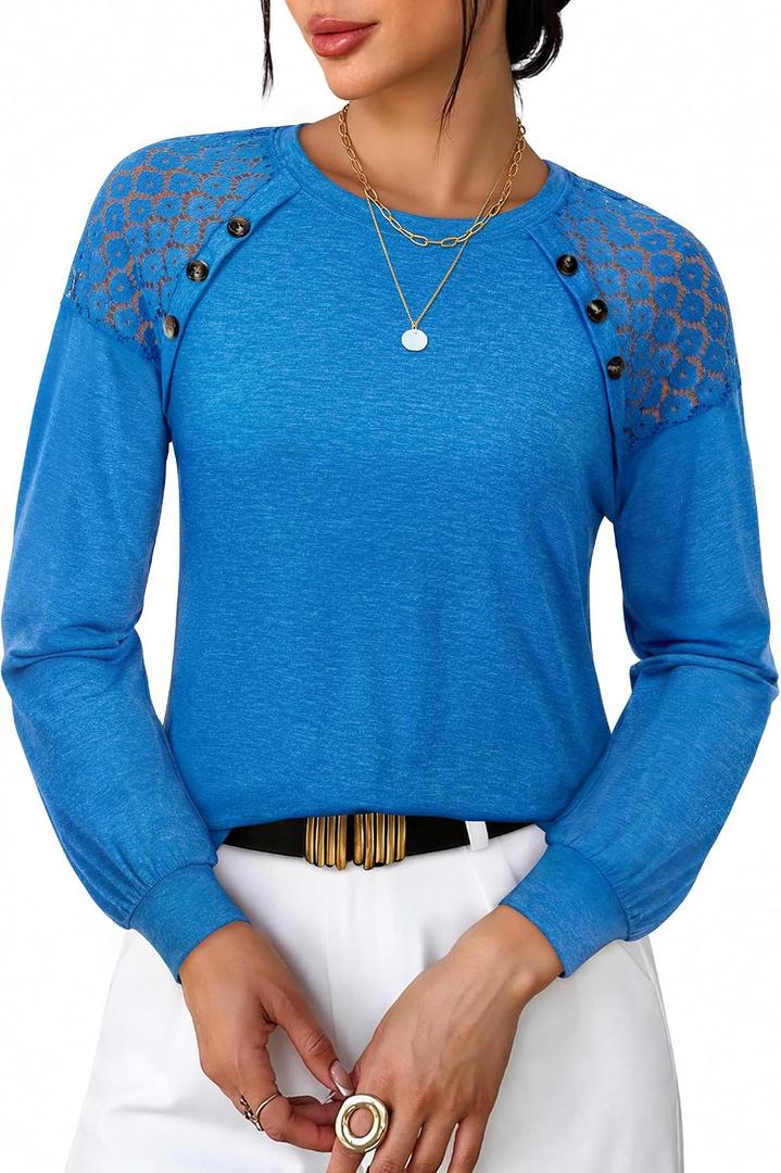 siliteelon Lace Long Sleeve Tops Dress Shirt Womens Crew Neck Loose Dressy Blouse Business Casual Work Summer 2026 Blue (XL)