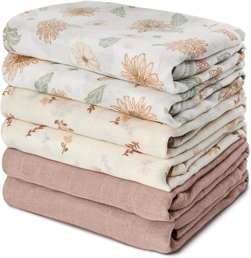 GLLQUEN BABY Receiving Blanket Boy Cotton Muslin Swaddle Blankets Girl Newborn Squares Breathable & Soft Thin Baby Blankets Cloths Double Absorbent Infant Swaddling Wrap - 6 Pack (Sunflower)