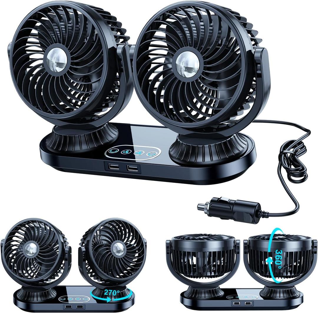 Dual Head Auto Oscillating Car Cooling Fan for Dashboard, DC 12V / 24V Cigarette Lighter Powered 3 Speeds Vehicle Fan Summer Car Accessories Cooler That Blow Cold Air for Sedan Suv Rv Van Truck