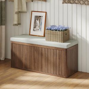 Double Layered Shoe Cabinet with Bench,Wooden Shoe Bench with Soft Cushion,Double Door without Handle Pressing Spring,Fluted Panel,Suitable for Entrance,Corridor and Living Room (Shoe Bench-Walnut)