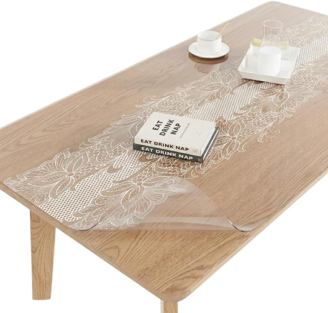 Crystal Clear Plastic Table Cover Protector with Lace Pattern, 42" x 78"