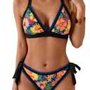 Aidonger Bikini Sets for Women Floral Two Piece Bathing Suit V Neck Shell Stitched Swimsuit Tie Side Triangle Swimwear M