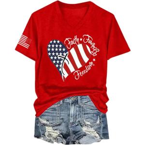 4th of July Shirt for Women:American Flag Heart Graphic Tee Faith Family Freedom Patriotic T-Shirt Red White and Blue Short Sleeve Summer V Neck Tops（2XL, Red-01)