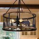 TOCHIC 28" Farmhouse Chandelier, Black Vintage Chandeliers for Dining Room, 6 Lights Drum Rustic Chandelier with Bear Metal, Western Bear Ceiling Light Fixture for Living Room, Bedroom, Hallway, Bar